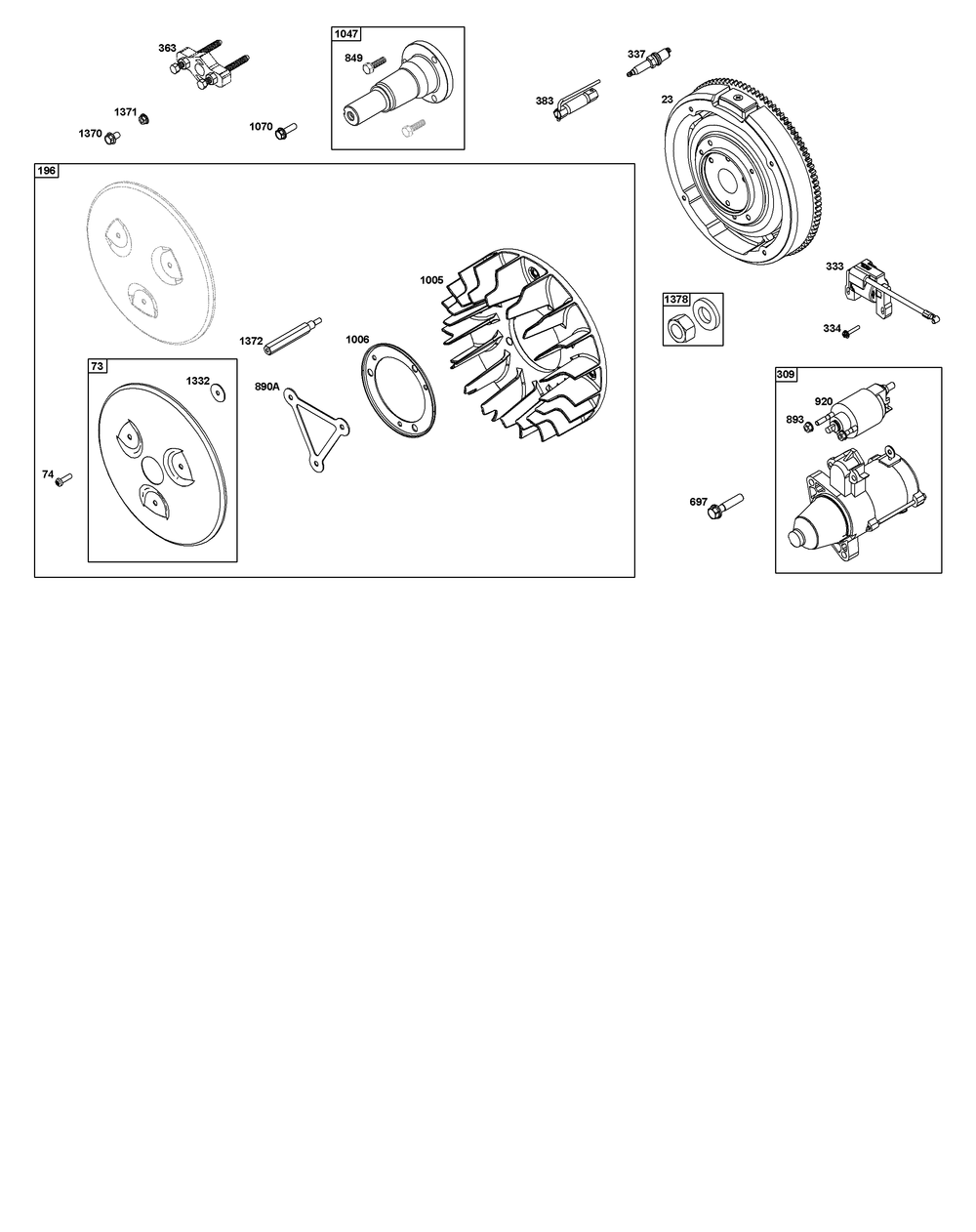 Flywheel, Ignition, And Starter Group Diagram and Parts List for 542477-0007-J1 400000 - 699999 Briggs and Stratton Engine